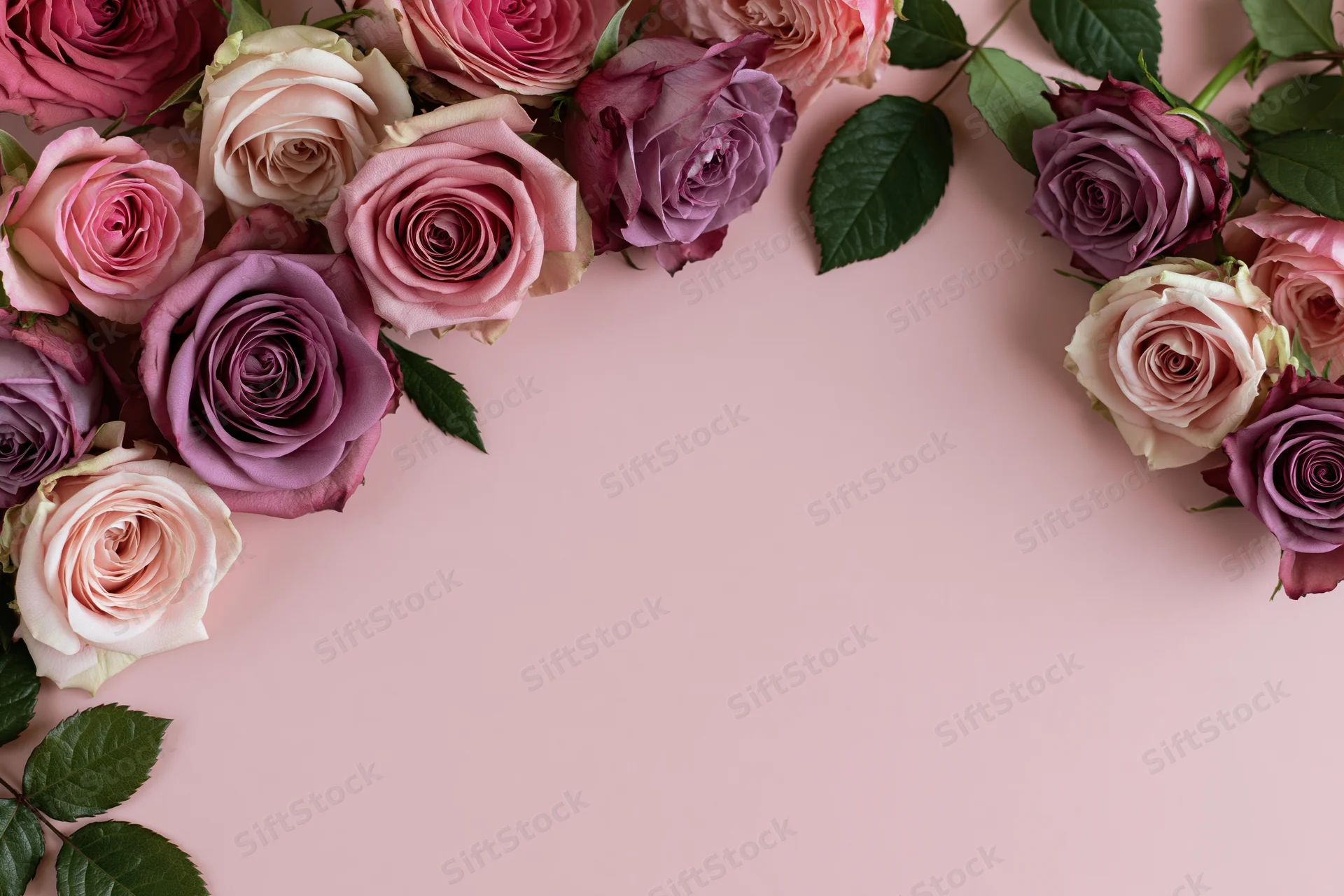 Flat lay of pink mauve and dusty purple roses with green leaves arranged in a frame on a soft pink background