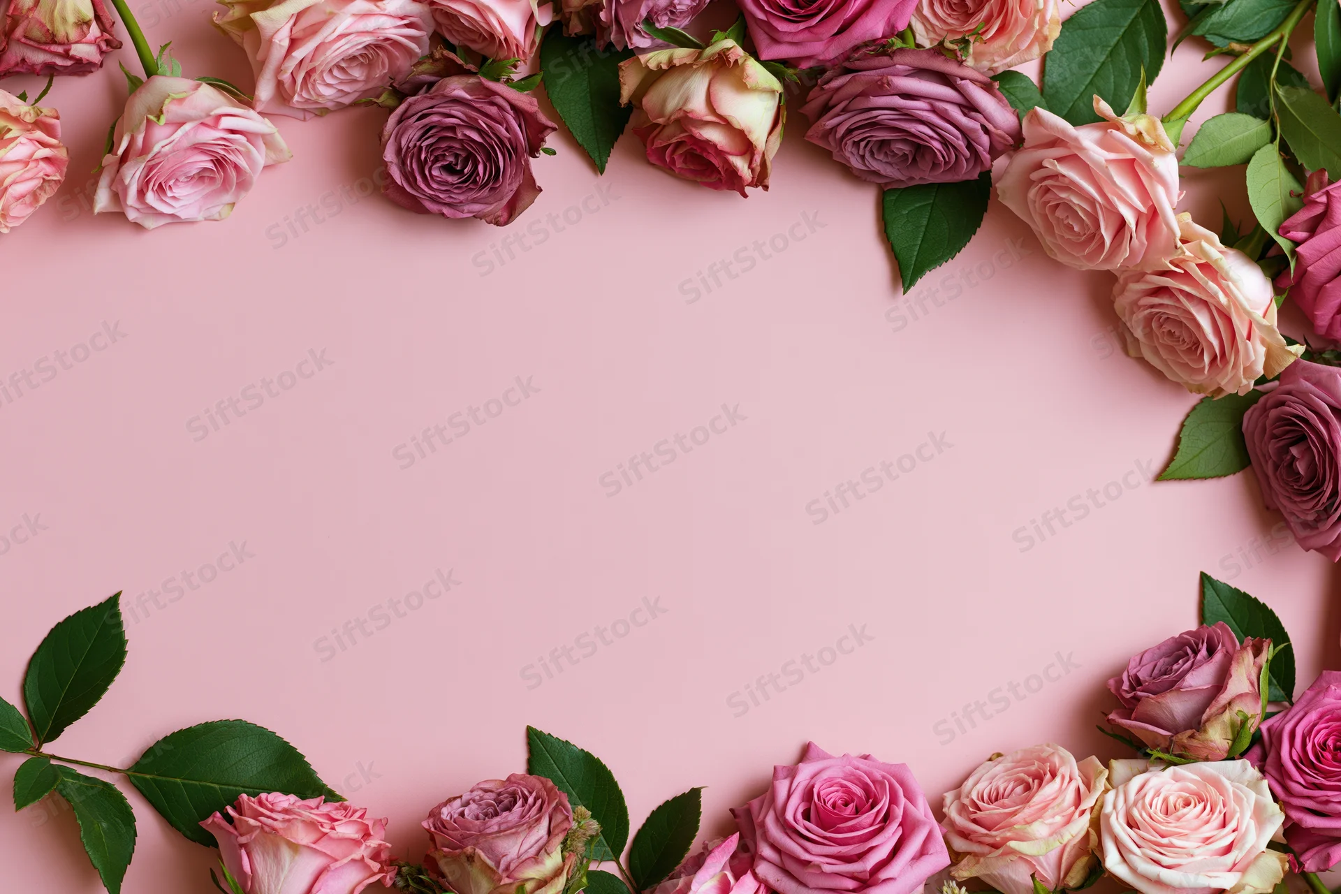 Pink mauve and dusty purple roses arranged in a border frame on a soft pink background with copyspace