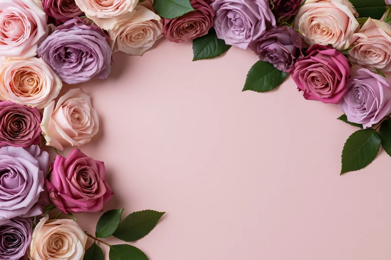Flat lay of pink mauve and dusty purple roses with green leaves arranged along top and left edges on soft pink background
