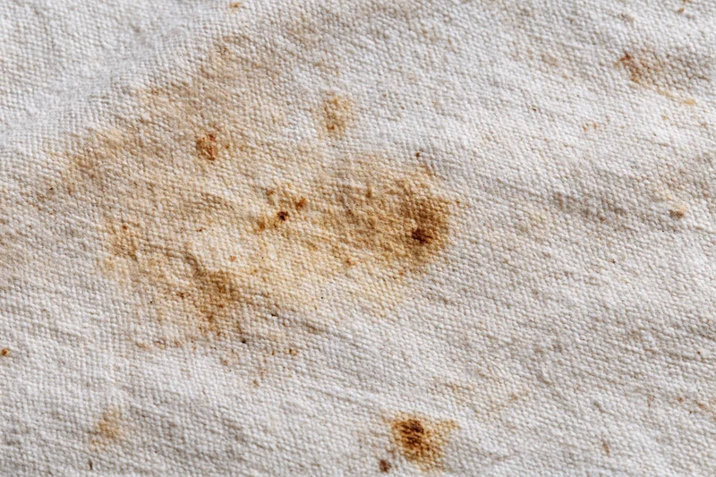 Close-up of stained natural linen canvas fabric with visible weave and brown discoloration