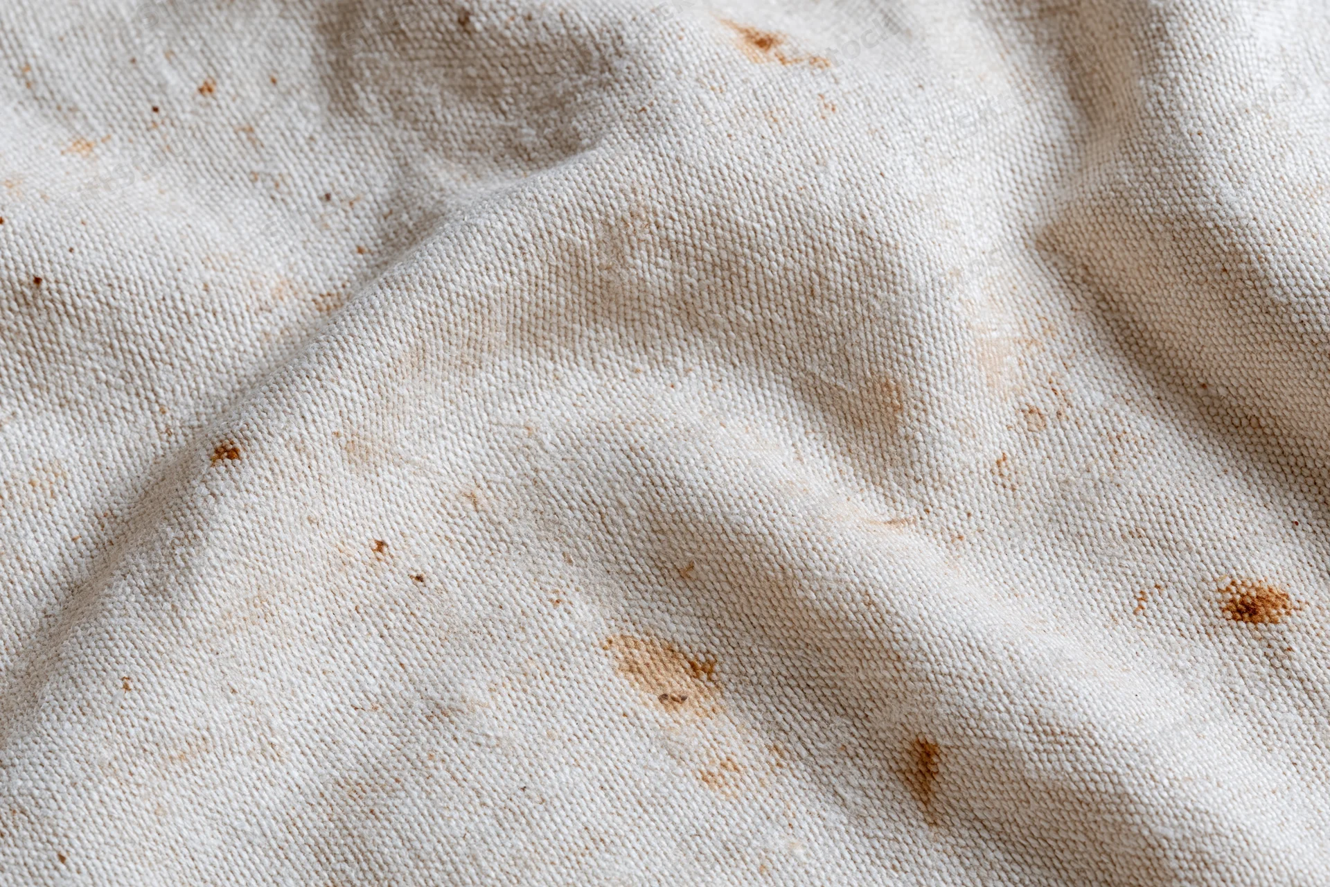 Close-up of aged natural linen canvas fabric with brown stains and wrinkles filling the frame
