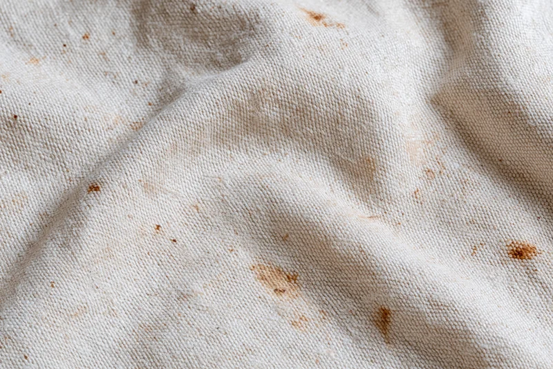 Close-up of aged natural linen canvas fabric with brown stains and wrinkles filling the frame