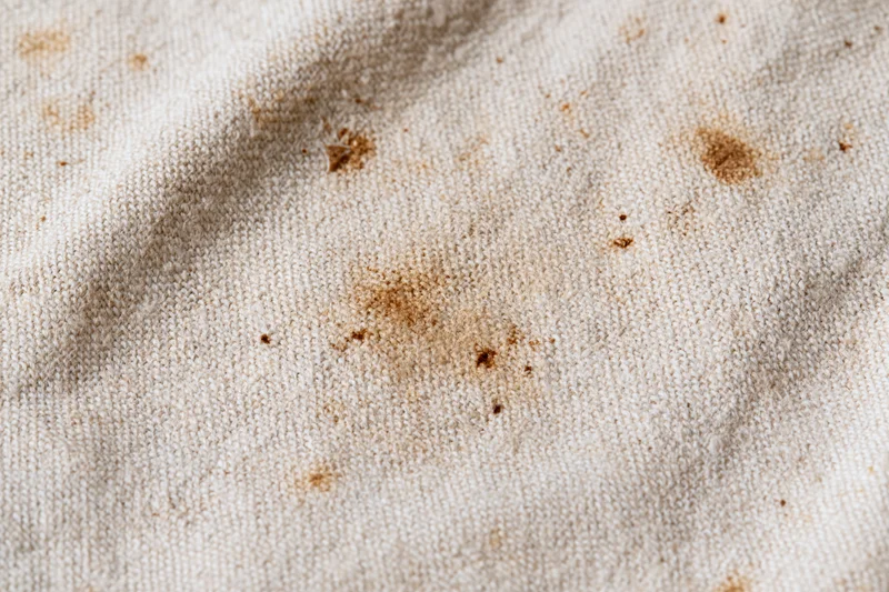 Close-up of aged natural linen canvas fabric with brown stains and texture filling the frame