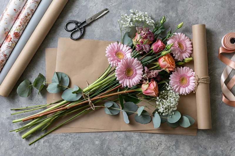Mixed fresh cut flowers arranged on kraft paper with wrapping supplies and scissors on gray surface