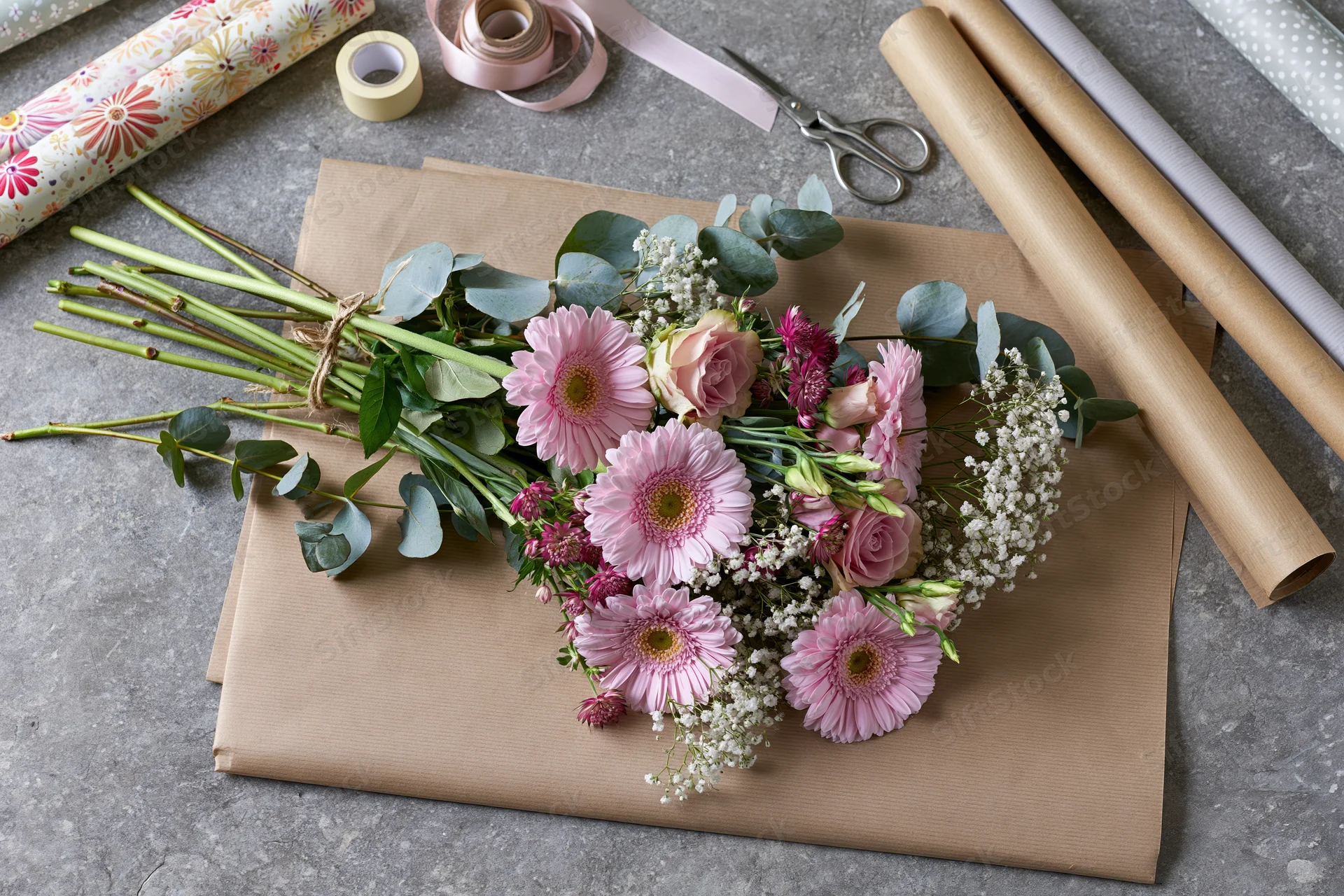 Mixed fresh cut flowers arranged on kraft paper with wrapping supplies around