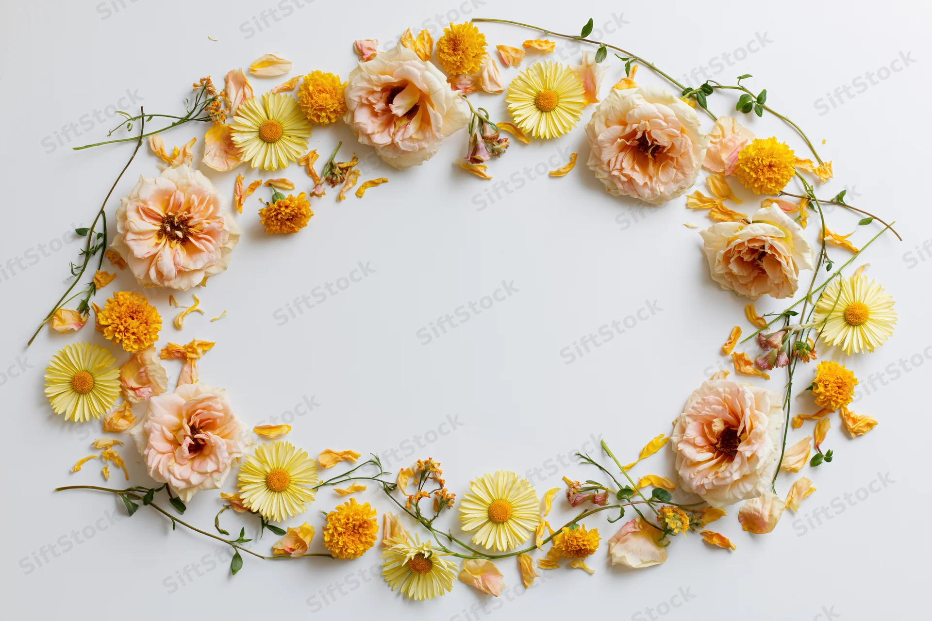 Circular floral arrangement of peach roses and yellow daisies with scattered petals on white background