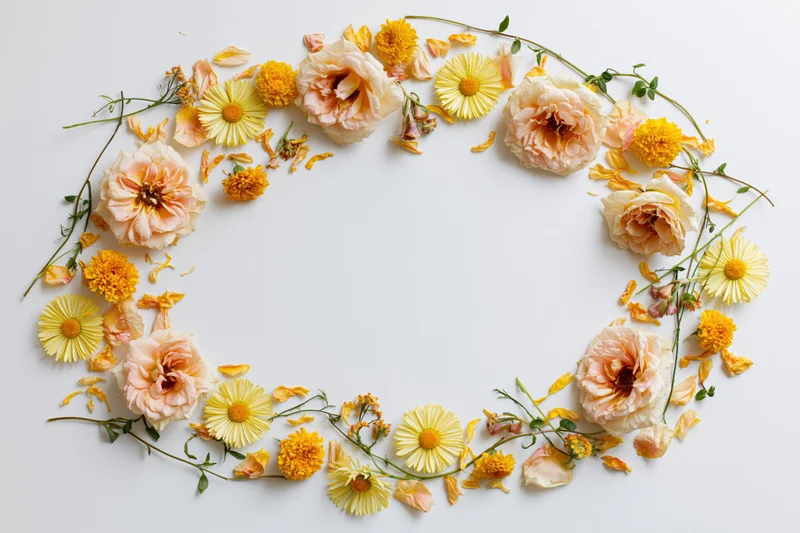 Circular floral arrangement of peach roses and yellow daisies with scattered petals on white background