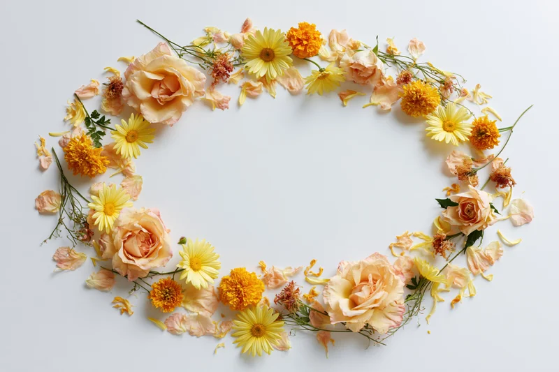 Circular floral arrangement of peach roses, yellow daisies and marigolds on white background with central copyspace