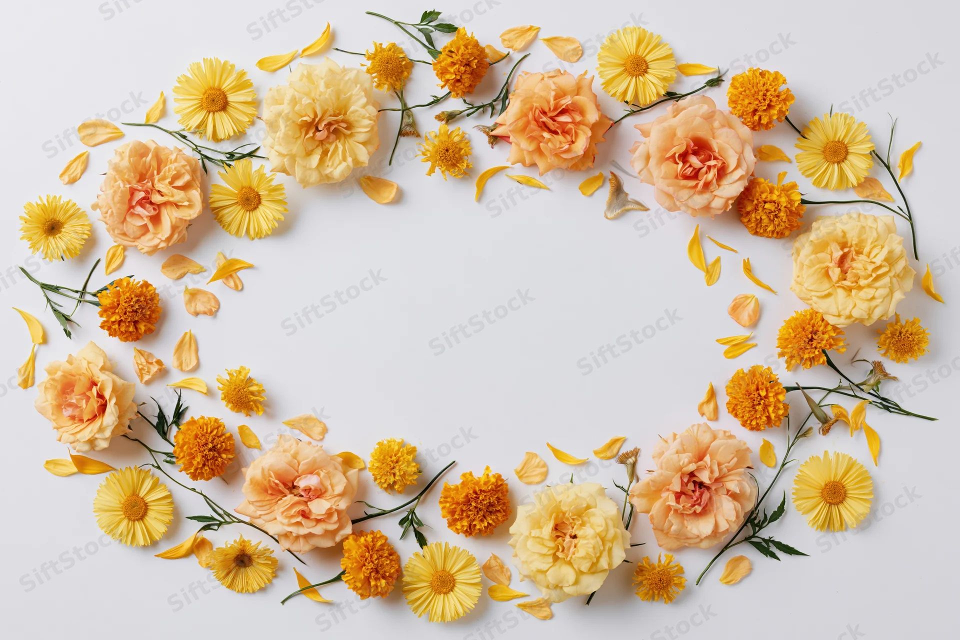 Flat lay of peach roses, yellow daisies and marigolds arranged in a circular floral wreath on white background with copyspace