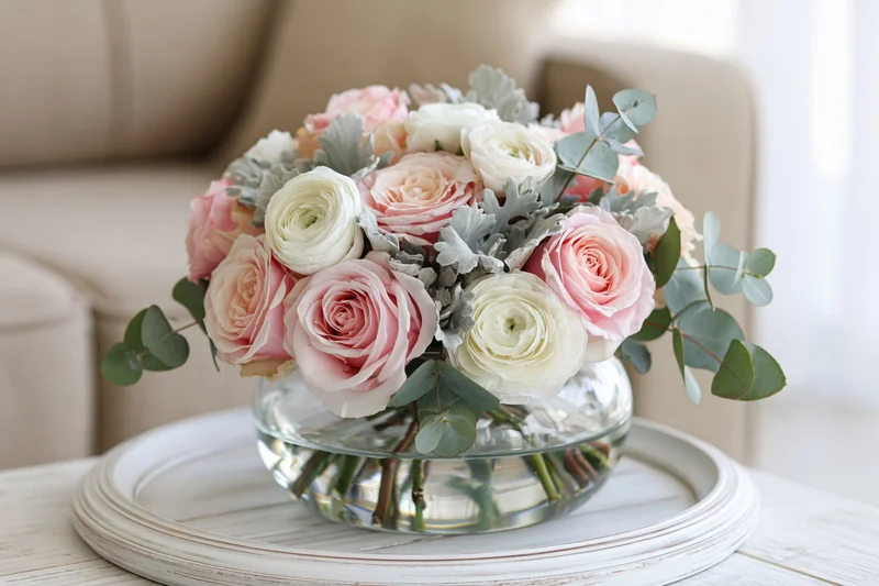 Floral bouquet of pink roses and white ranunculus with eucalyptus and dusty miller in glass vase on white tray in living room