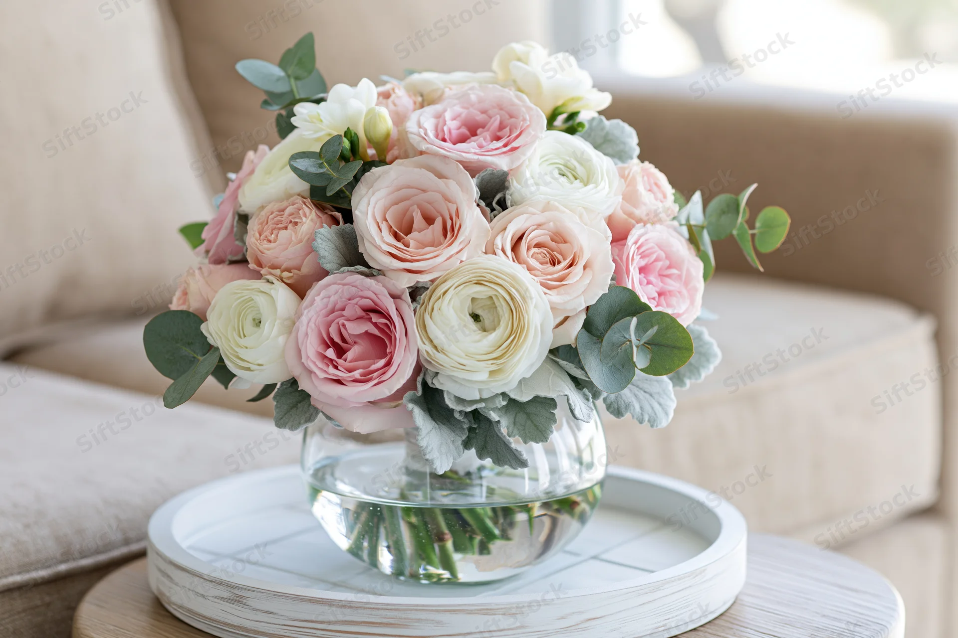 Floral bouquet of pink roses and white ranunculus with eucalyptus in glass vase on white tray by sofa