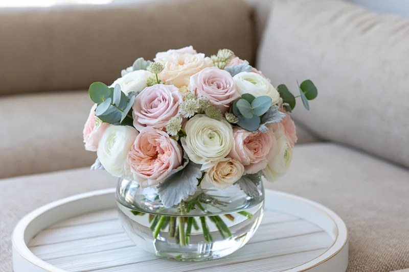 Floral bouquet of blush pink roses and white ranunculus in a glass vase on a white tray beside a beige sofa