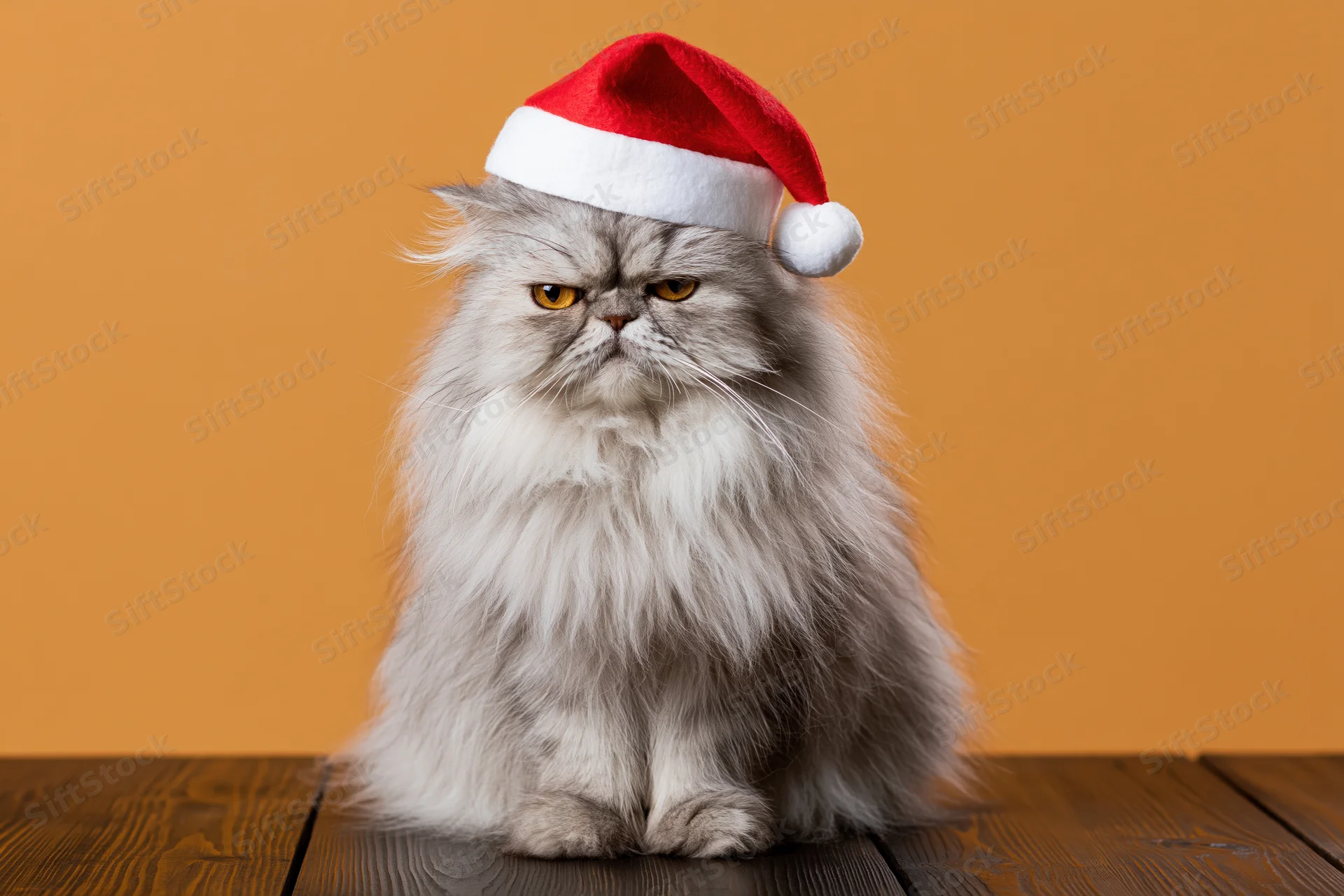Fluffy grey persian cat sitting upright wearing santa hat on wooden table against orange background