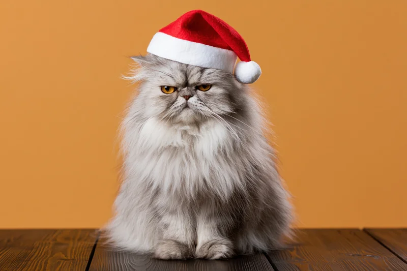 Fluffy grey persian cat sitting upright wearing santa hat on wooden table against orange background