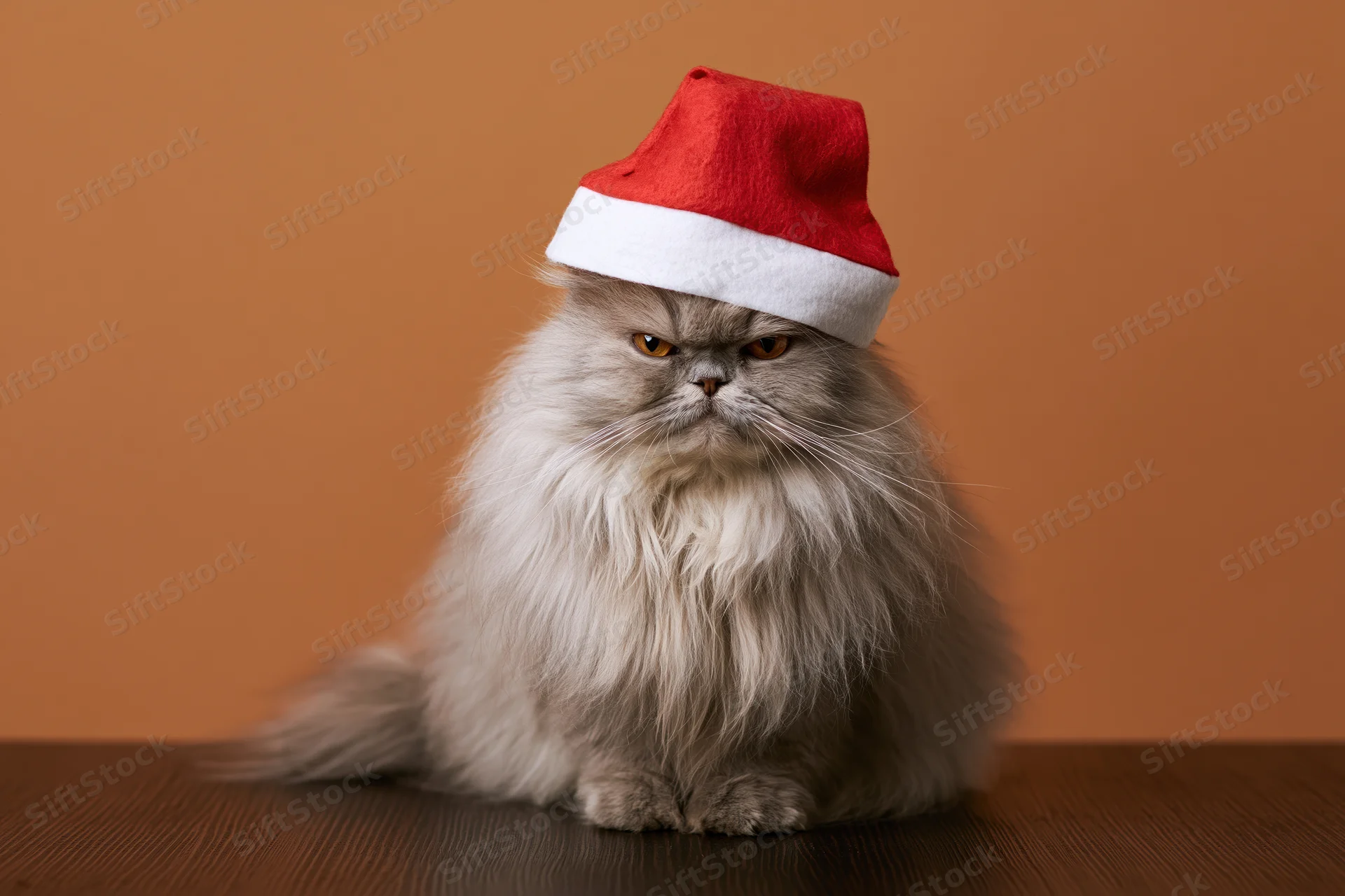 Fluffy grey persian cat sitting upright wearing red and white santa hat on wooden table