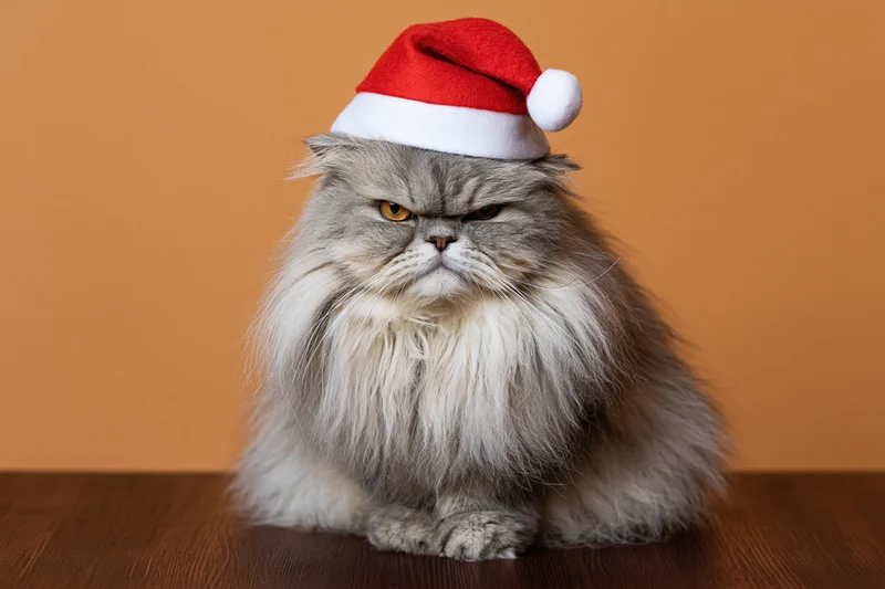 Fluffy grey persian cat wearing santa hat sitting upright on wooden table against orange background