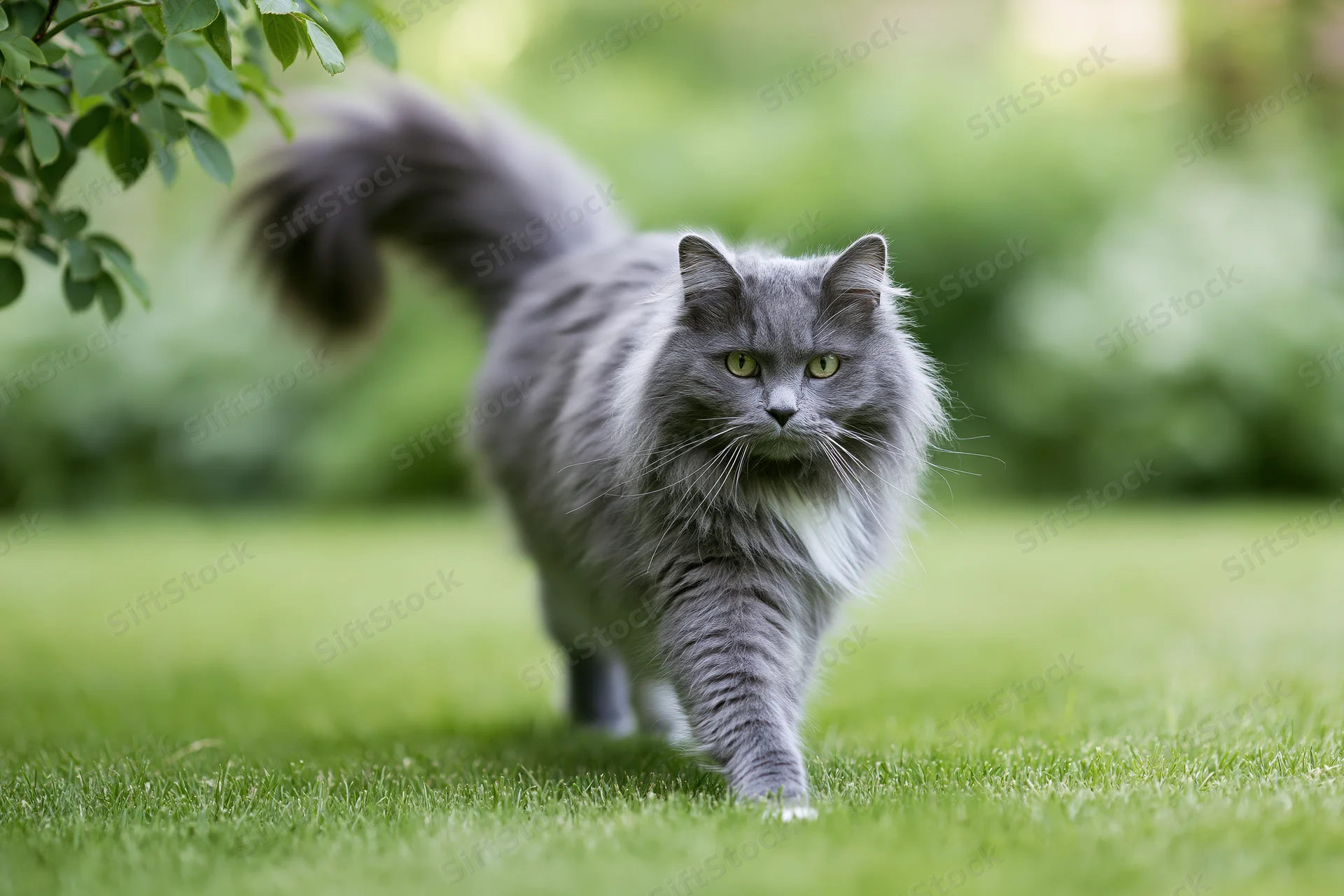 Fluffy grey longhaired cat walking alertly across a mown lawn in a green garden