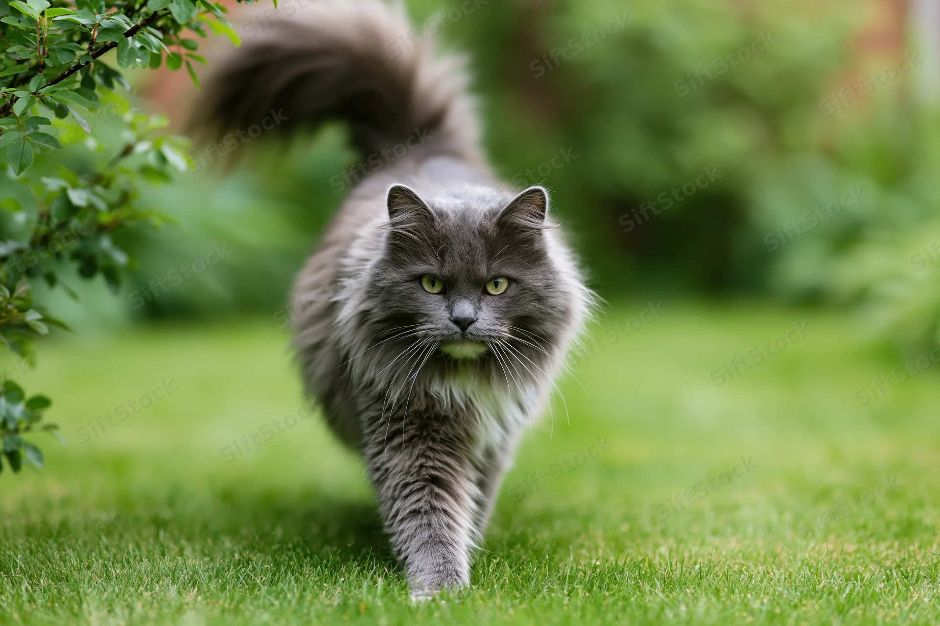 Fluffy grey longhaired cat walking alertly across a mown lawn in a green garden