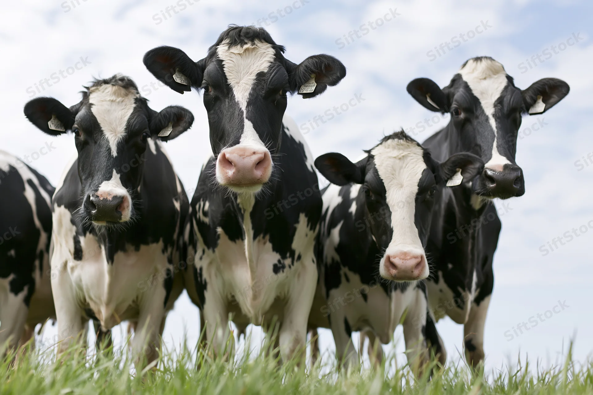 Five holstein cows standing close together in a grassy field under a cloudy sky