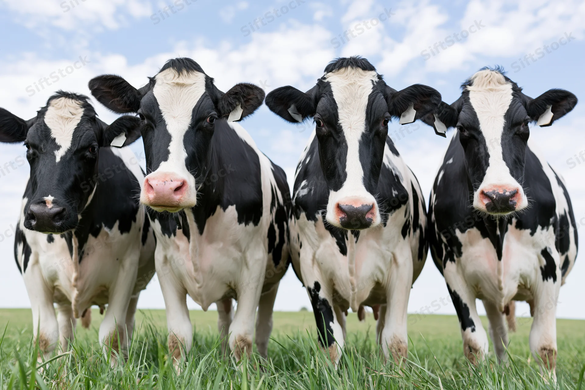 Four holstein dairy cows standing close together in a grassy field under a partly cloudy sky