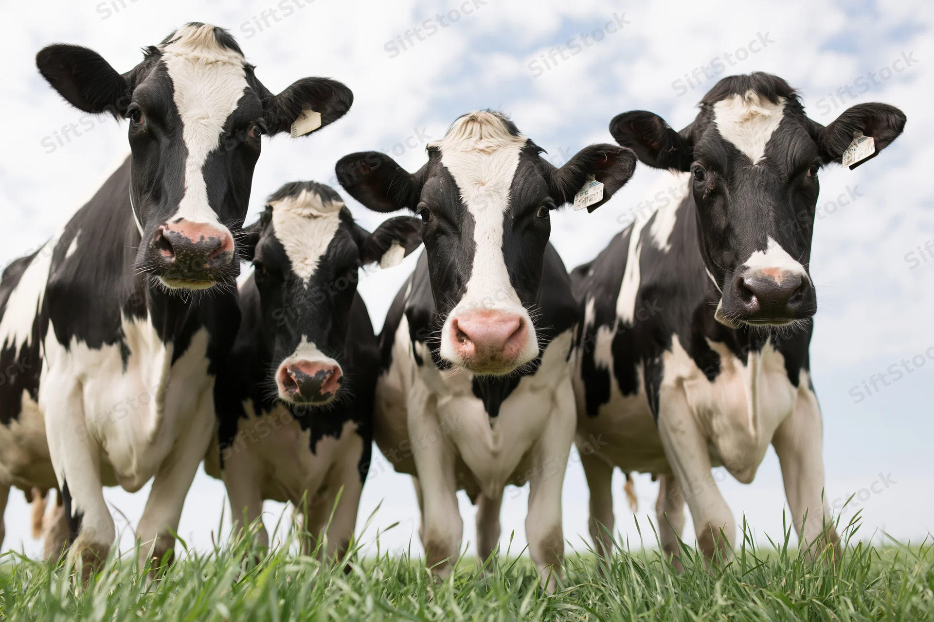 Four holstein dairy cows standing close together in a grassy pasture under a cloudy sky