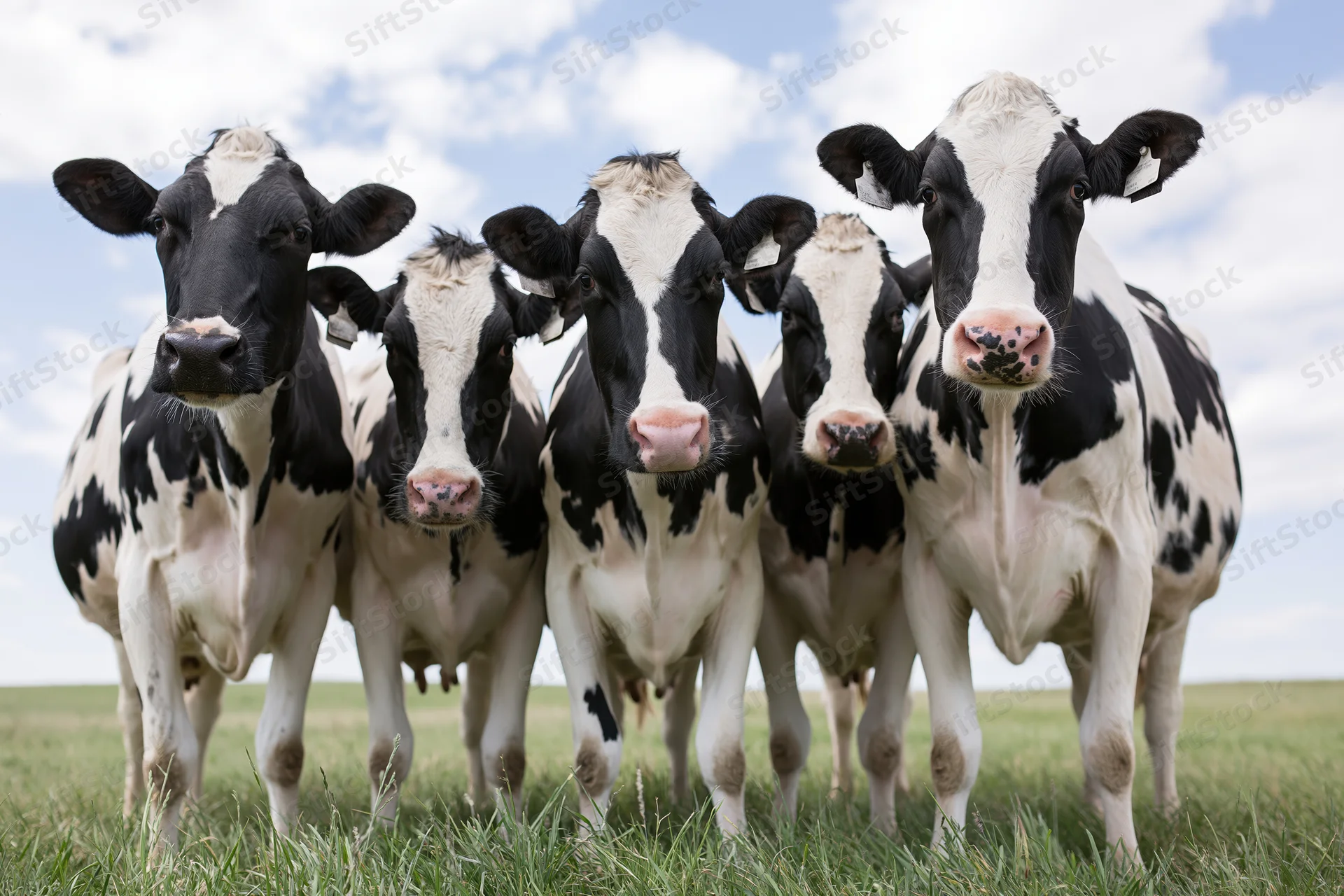 Five holstein dairy cows standing close together in a grassy field under a partly cloudy sky
