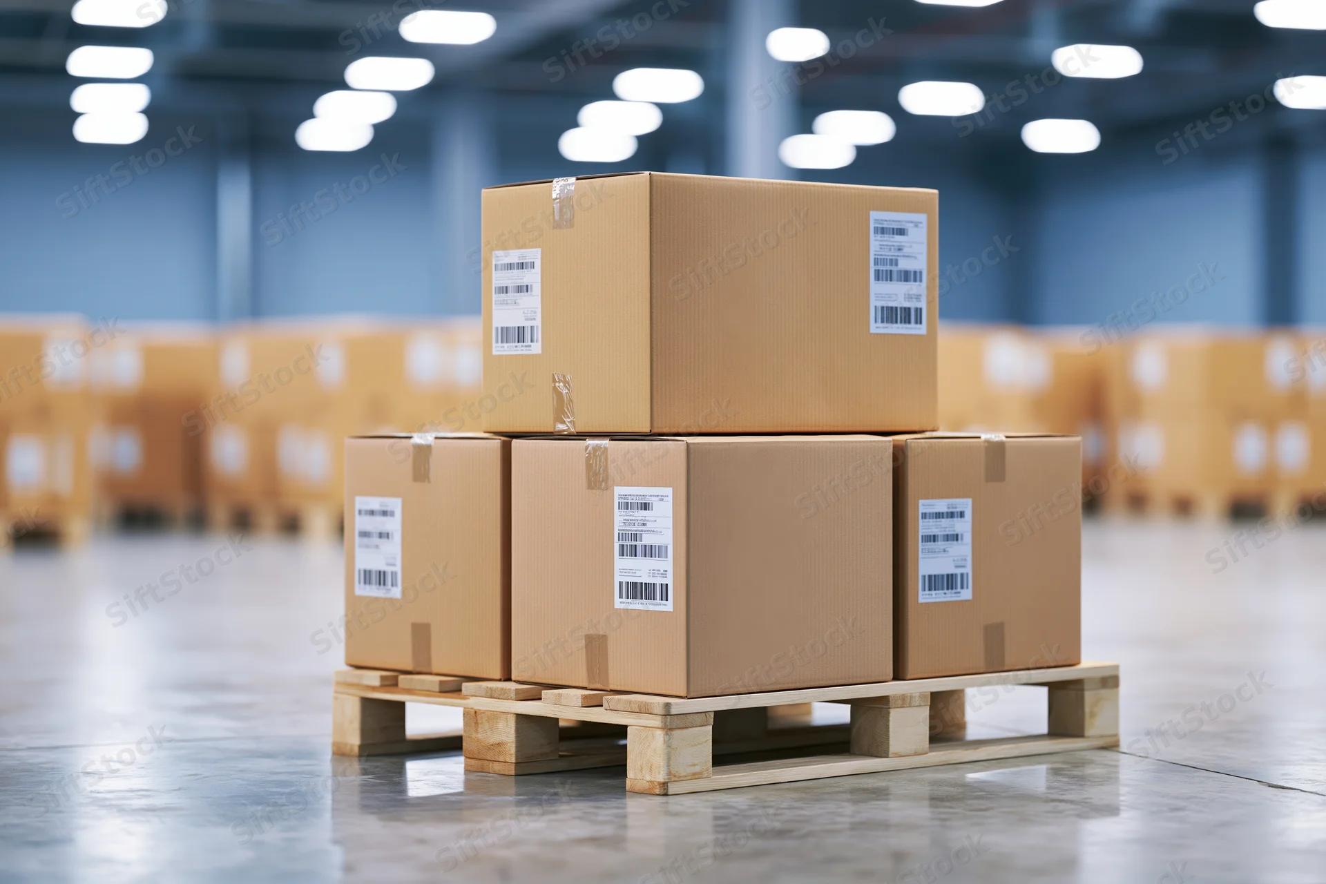 Four cardboard boxes stacked two-by-two on a wooden pallet in a warehouse
