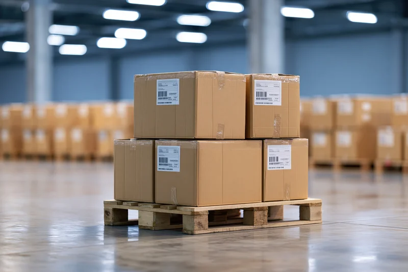 Four cardboard boxes stacked two-by-two on a wooden pallet in a warehouse