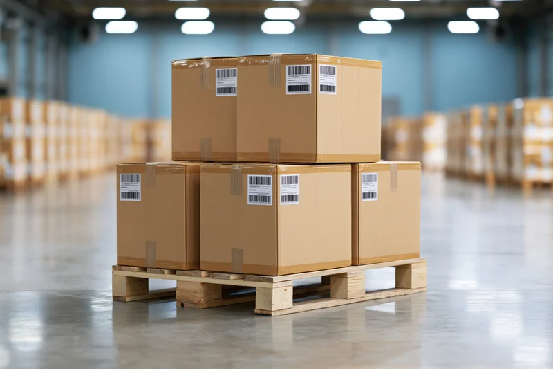 Cardboard boxes stacked on wooden pallet in warehouse interior