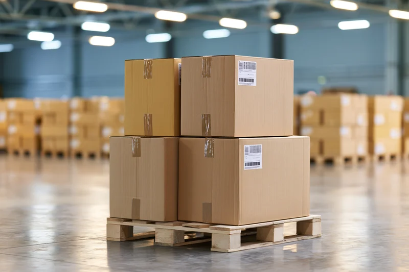 Four cardboard boxes stacked two-by-two on a wooden pallet in a warehouse