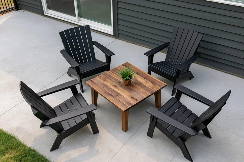 Four matte black modern adirondack chairs arranged symmetrically around a wooden coffee table on a concrete patio