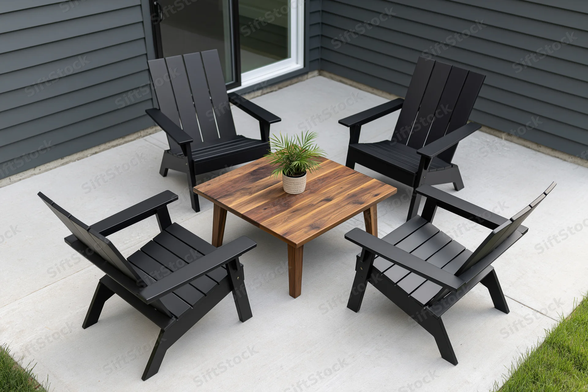 Four matte black adirondack chairs arranged symmetrically around a wooden coffee table on a concrete patio beside a gray-sided house