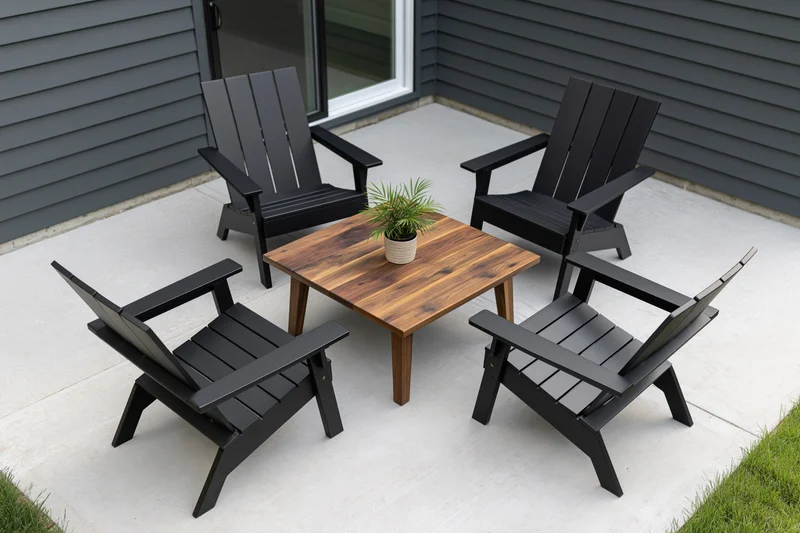 Four matte black adirondack chairs arranged symmetrically around a wooden coffee table on a concrete patio beside a gray-sided house