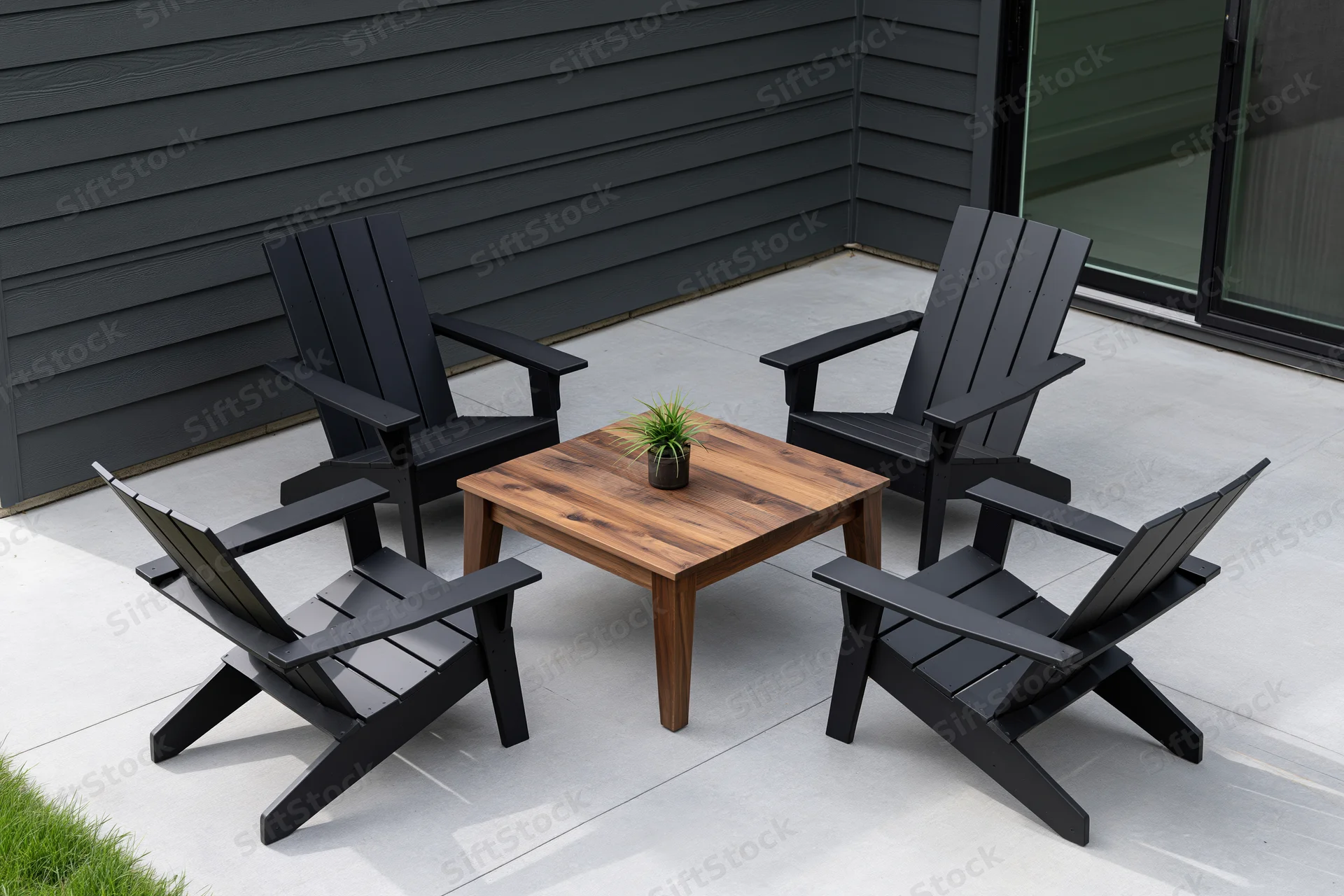 Four matte black adirondack chairs arranged symmetrically around a wooden coffee table on a concrete patio beside a gray-sided house with a sliding glass door