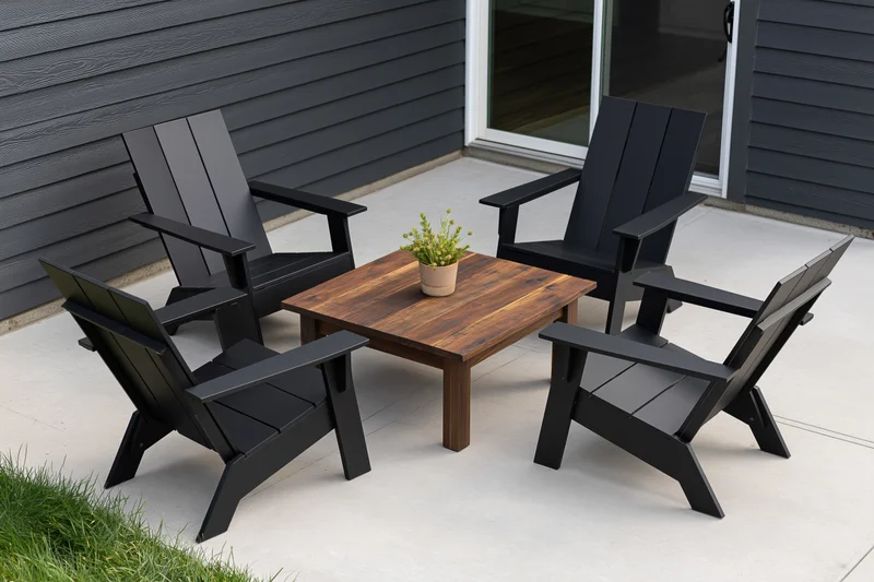 Four matte black adirondack chairs arranged symmetrically around a wooden coffee table on a concrete patio beside a gray-sided house with a sliding glass door