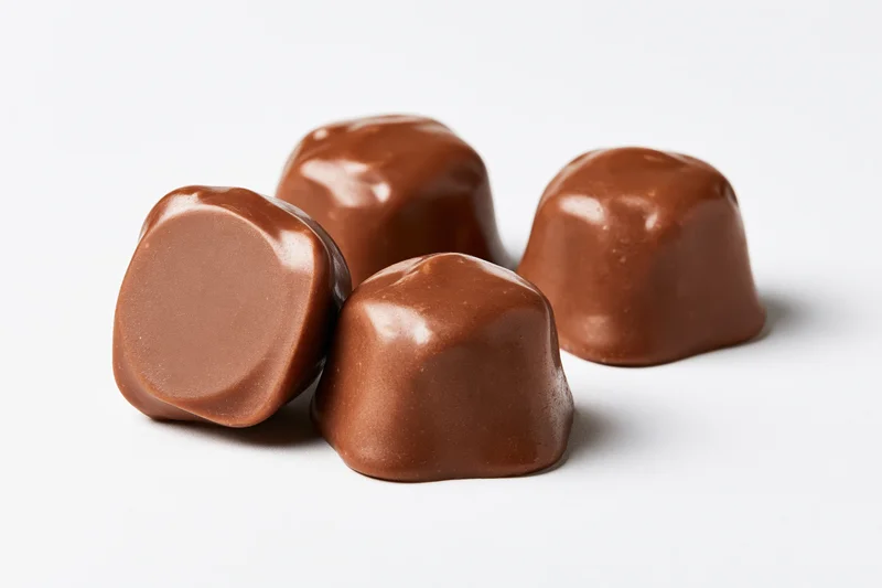 Four milk chocolate caramel candies arranged on a white surface