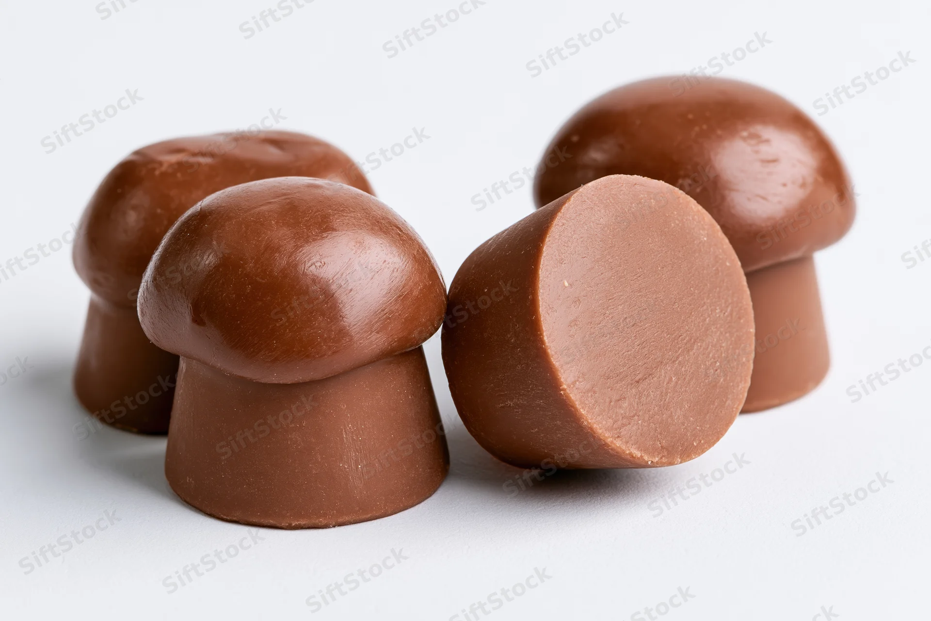 Milk chocolate caramel candies shaped like mushrooms on a white surface