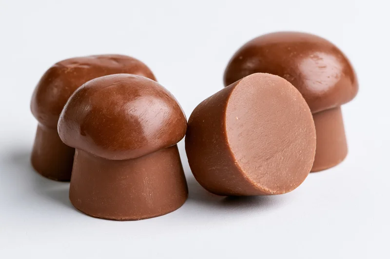 Milk chocolate caramel candies shaped like mushrooms on a white surface