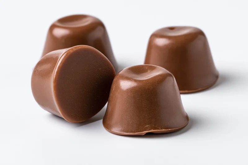 Four milk chocolate caramel candies arranged on a white surface
