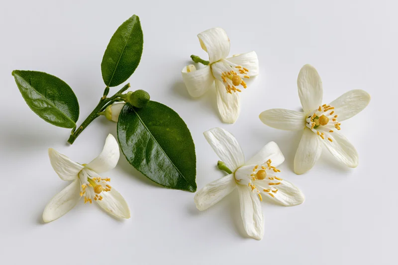 White citrus blossoms and green leaves arranged on a plain white surface