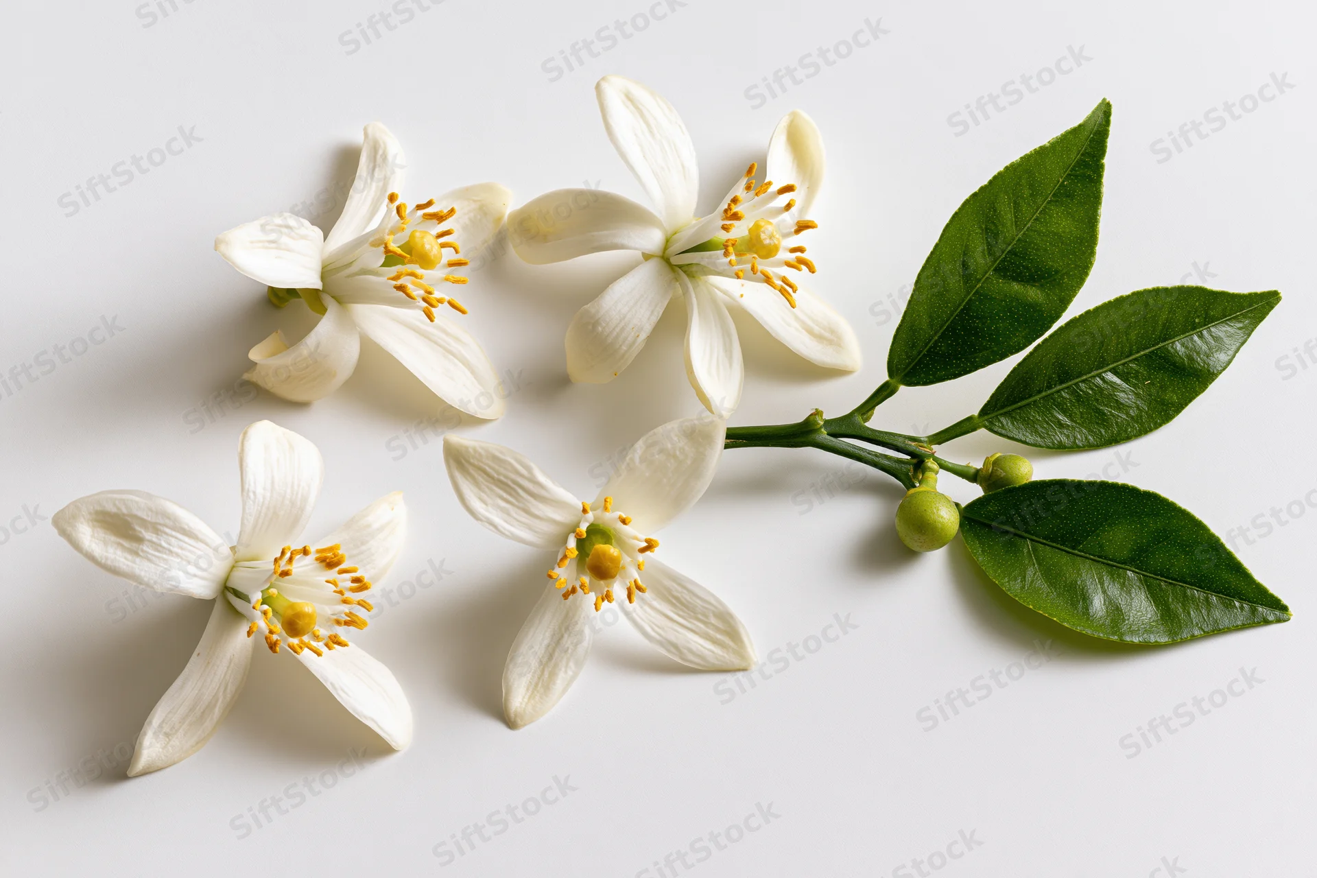 Citrus blossoms and green leaves on a branch arranged on a white surface