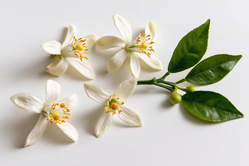 Citrus blossoms and green leaves on a branch arranged on a white surface