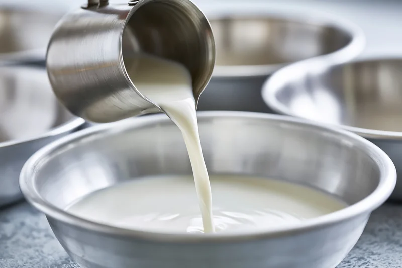 Milk being poured from a stainless steel pitcher into a metal bowl in a kitchen setting