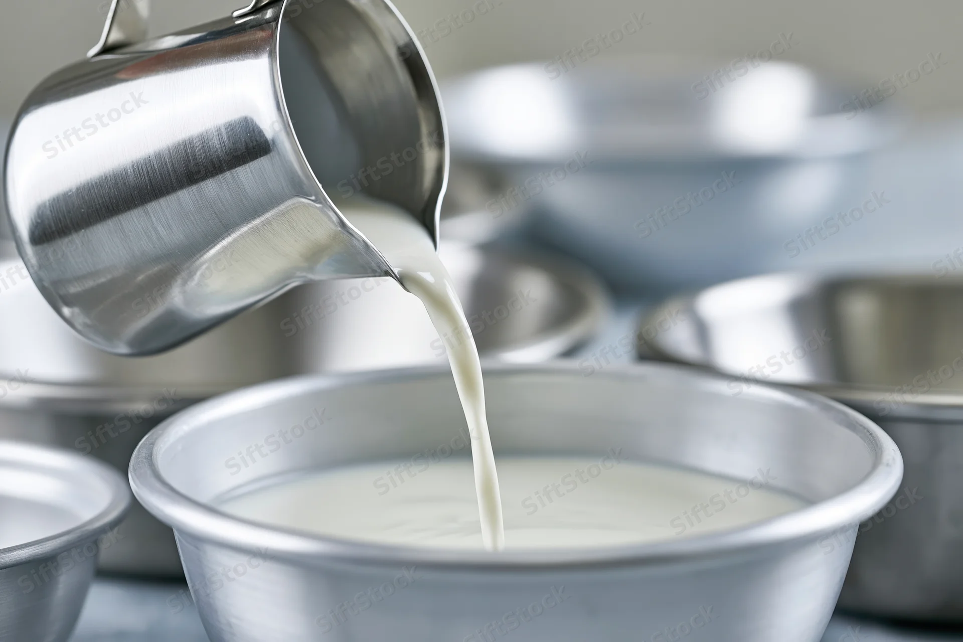 Milk being poured from a stainless steel pitcher into a metal bowl in a kitchen setting