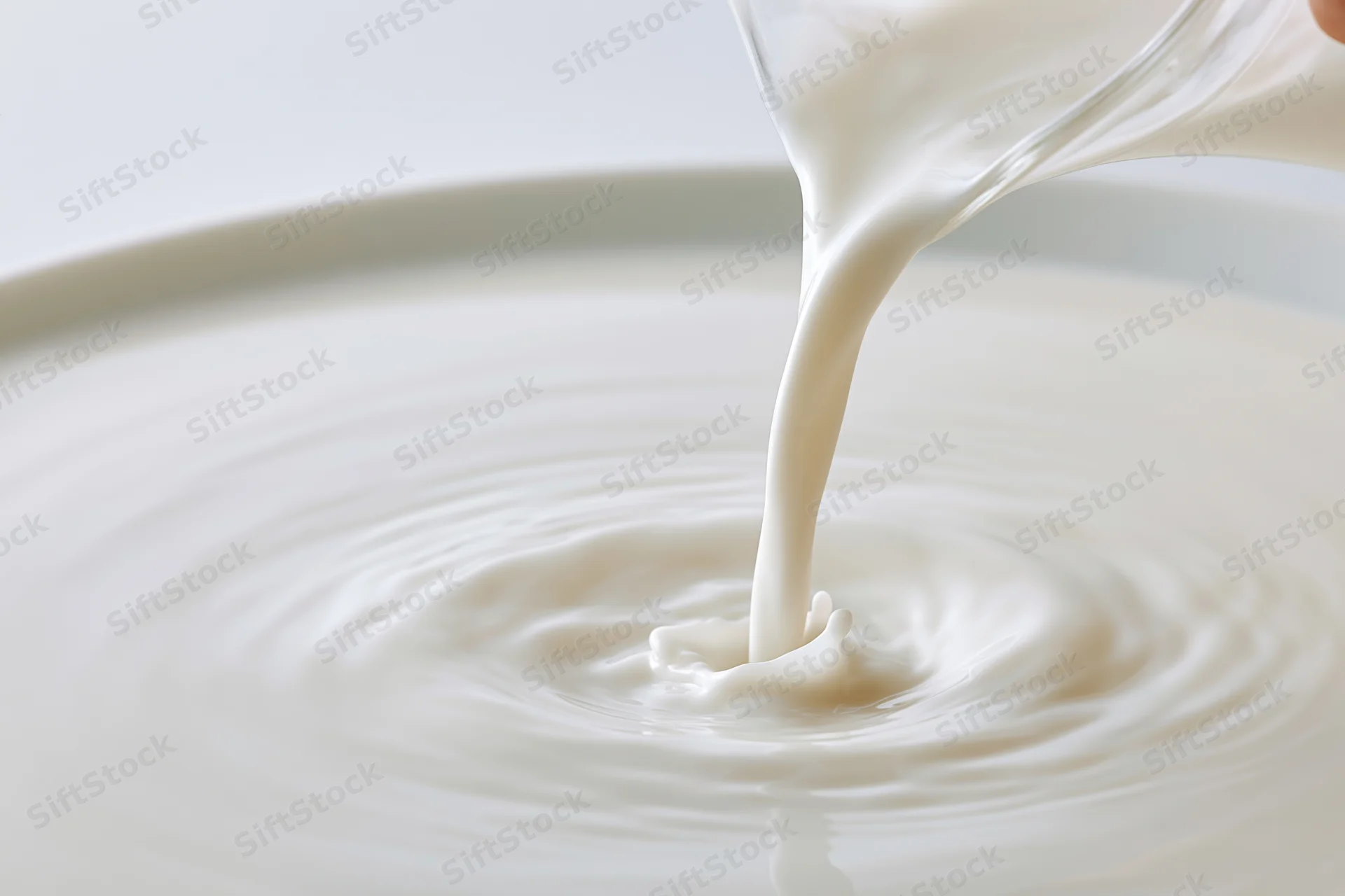 Milk pouring from a glass jug into a white bowl creating ripples