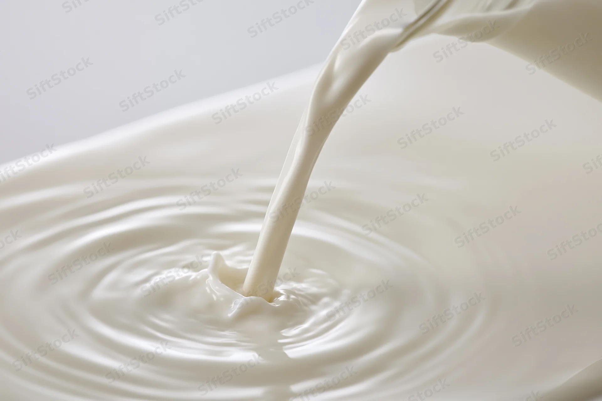 Milk pouring in a steady stream into a pool creating ripples on a white surface