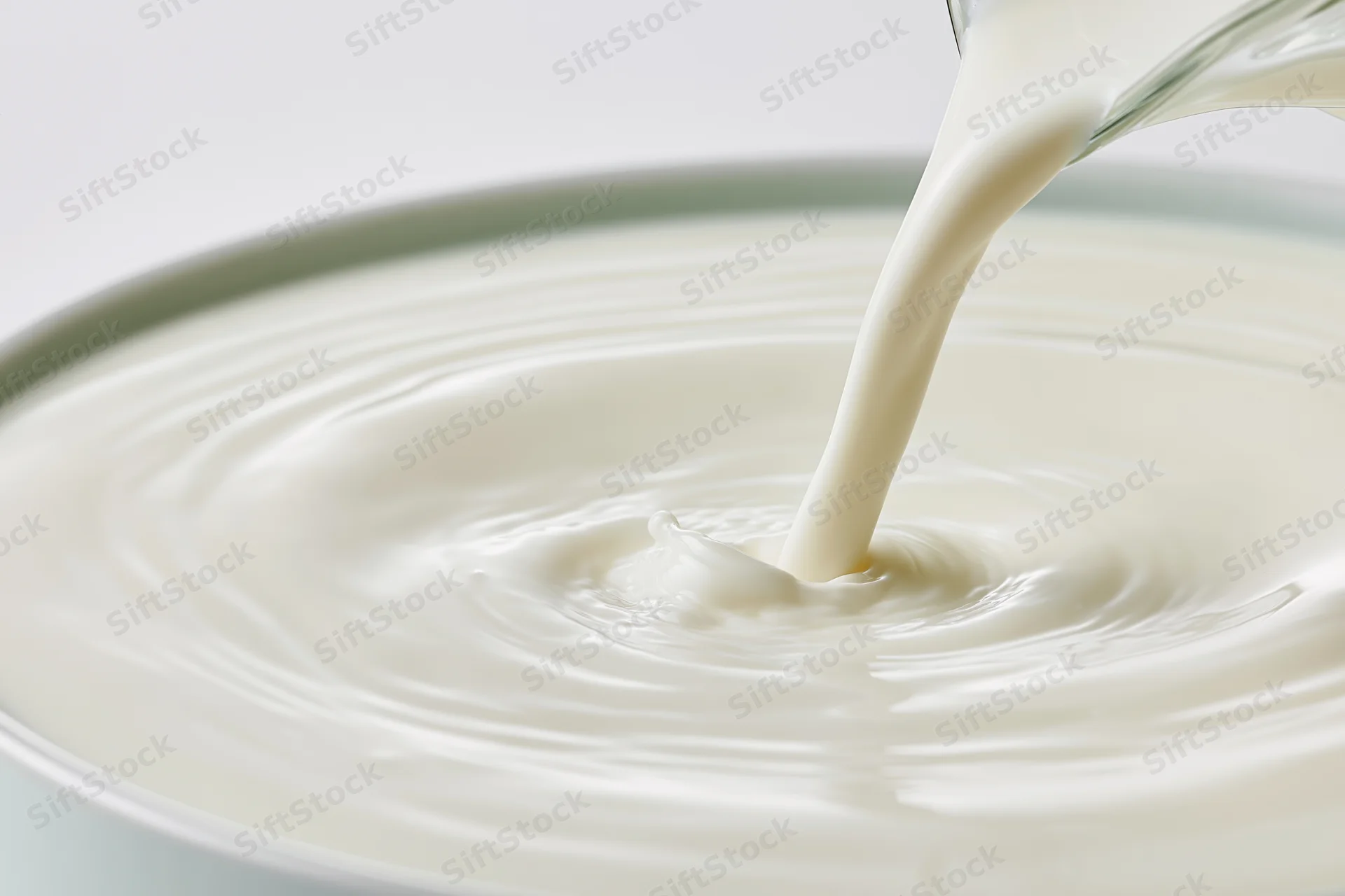 Milk pouring from a glass into a bowl creating ripples