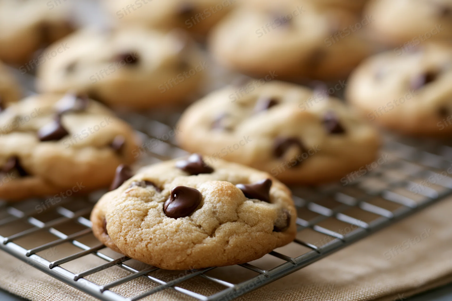 Freshly baked chocolate chip cookies cooling on a wire rack in a kitchen