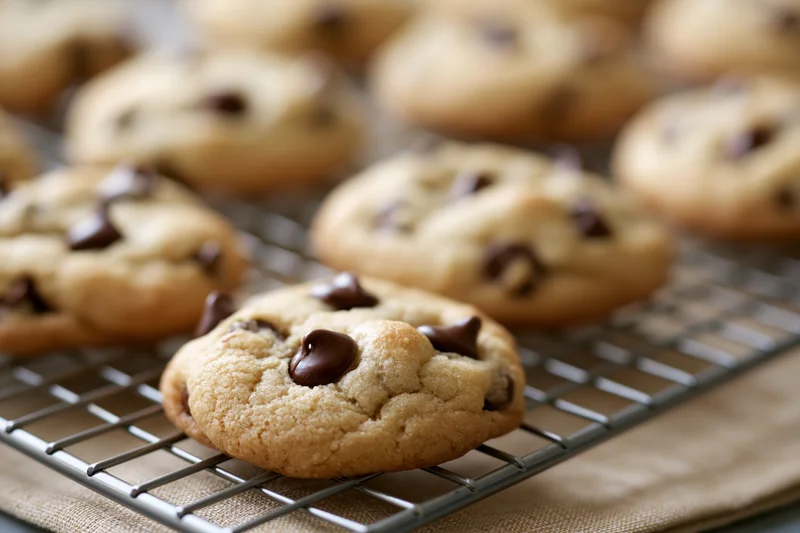 Freshly baked chocolate chip cookies cooling on a wire rack