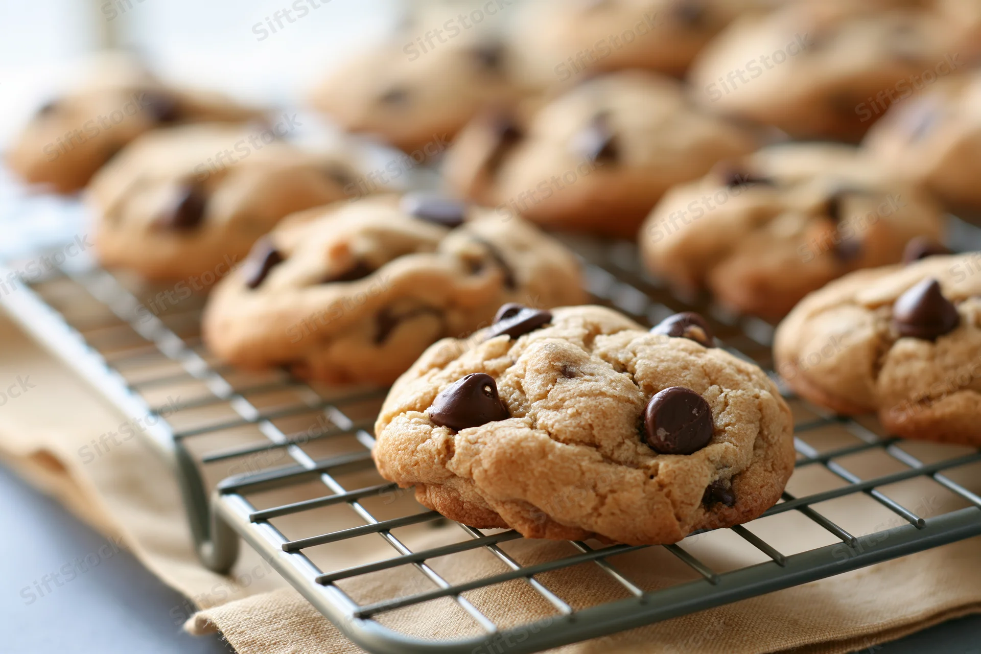 Freshly baked chocolate chip cookies cooling on a wire rack on a cloth-lined countertop
